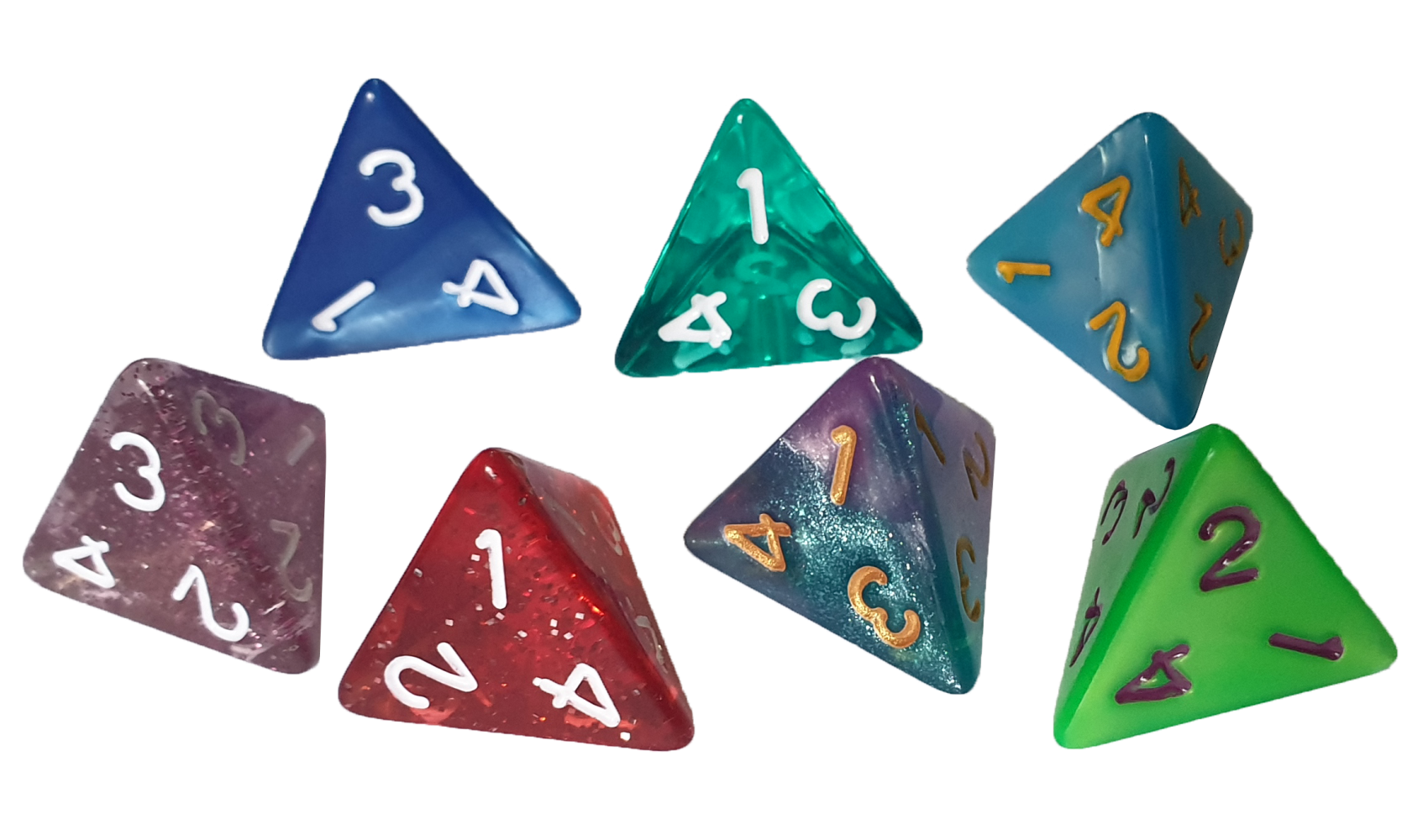 D4 - Acrylic Assorted Digit 4 Sided Dice x2 - Bigger Worlds Games